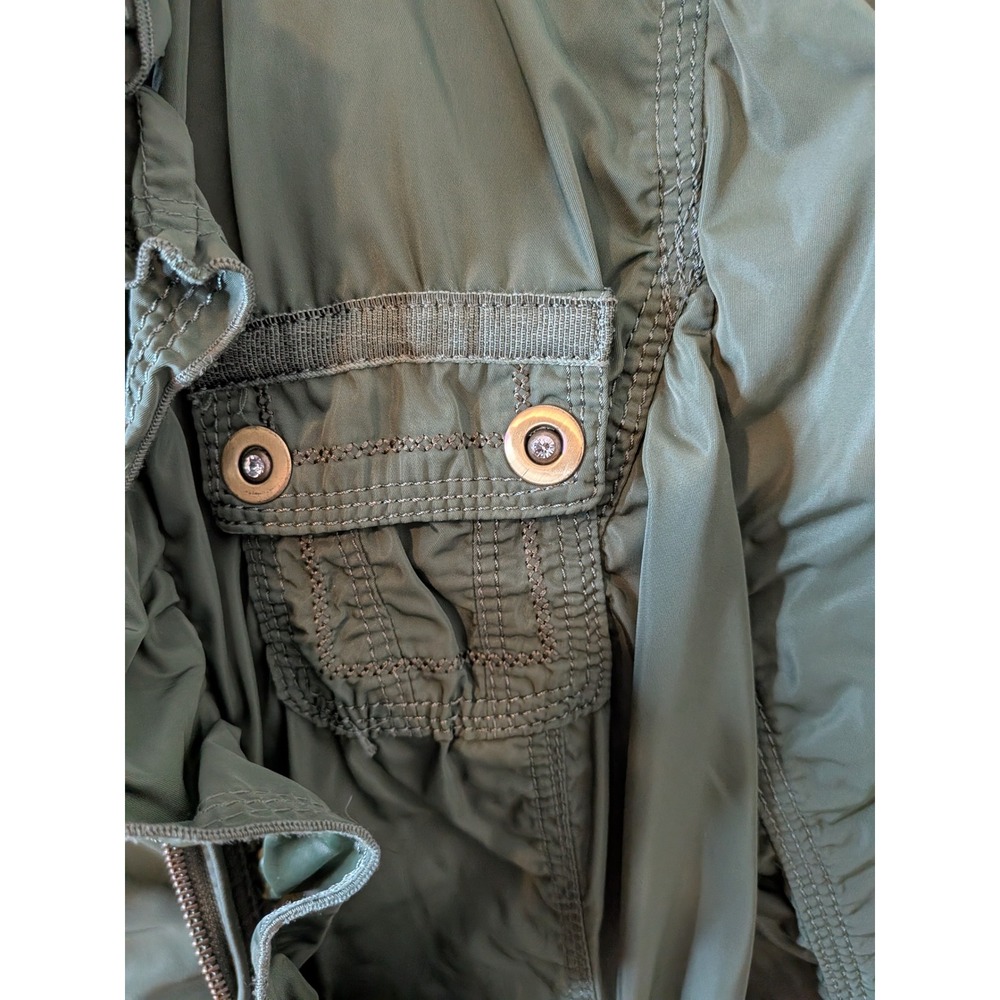 White House Black Market Olive Green Ruffle Utility Jacket XXS Crystal Buttons - Picture 4 of 5